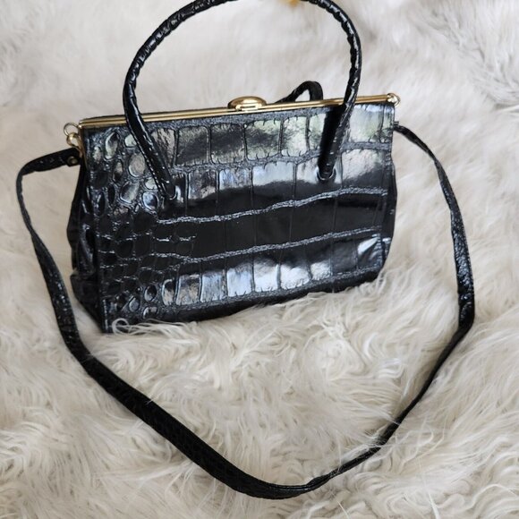 Vintage Croc Embossed Leather Satchel Top Handled Shoulder Crossbody Bag Gold - Picture 15 of 15